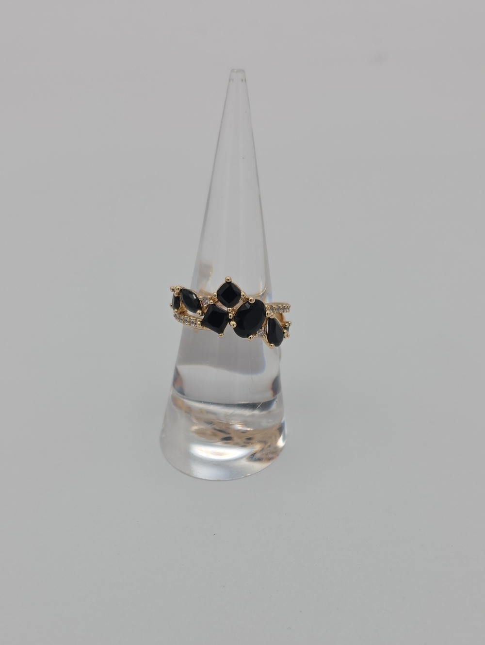 Gold CZ Ring with Black Onyx Gemstone Accents